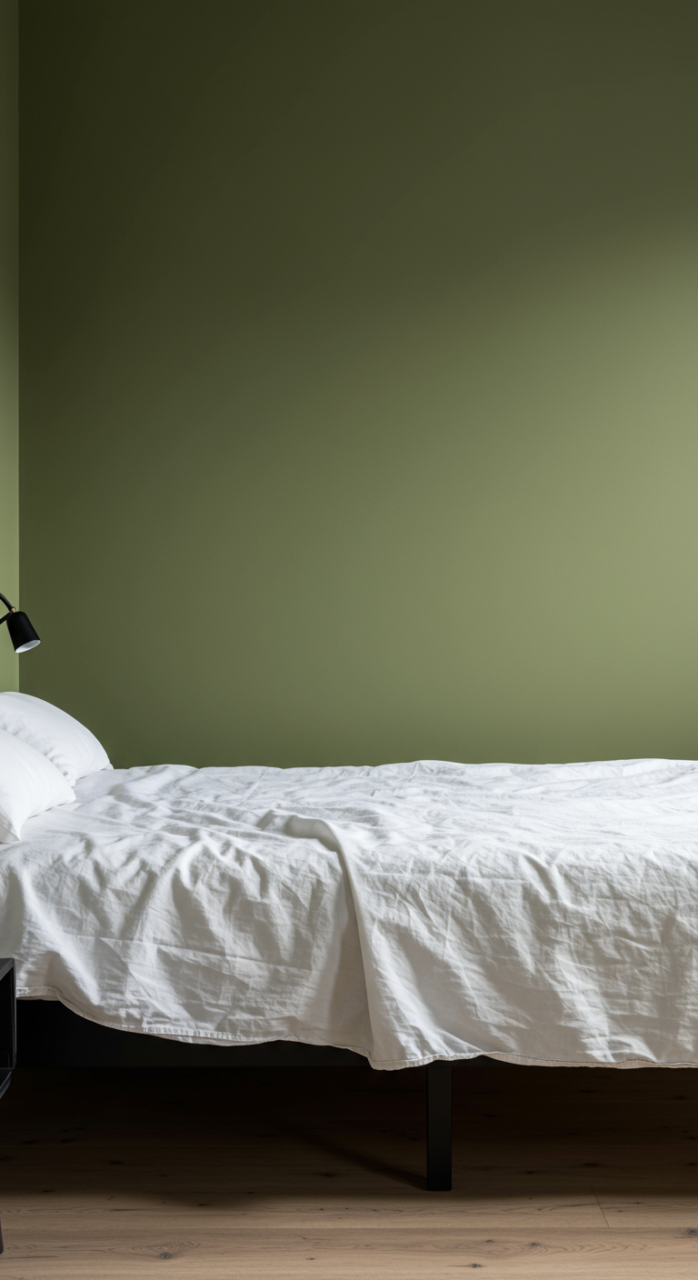 Minimalistisches Schlafzimmer mit einer einzelnen olivgrünen Wand.