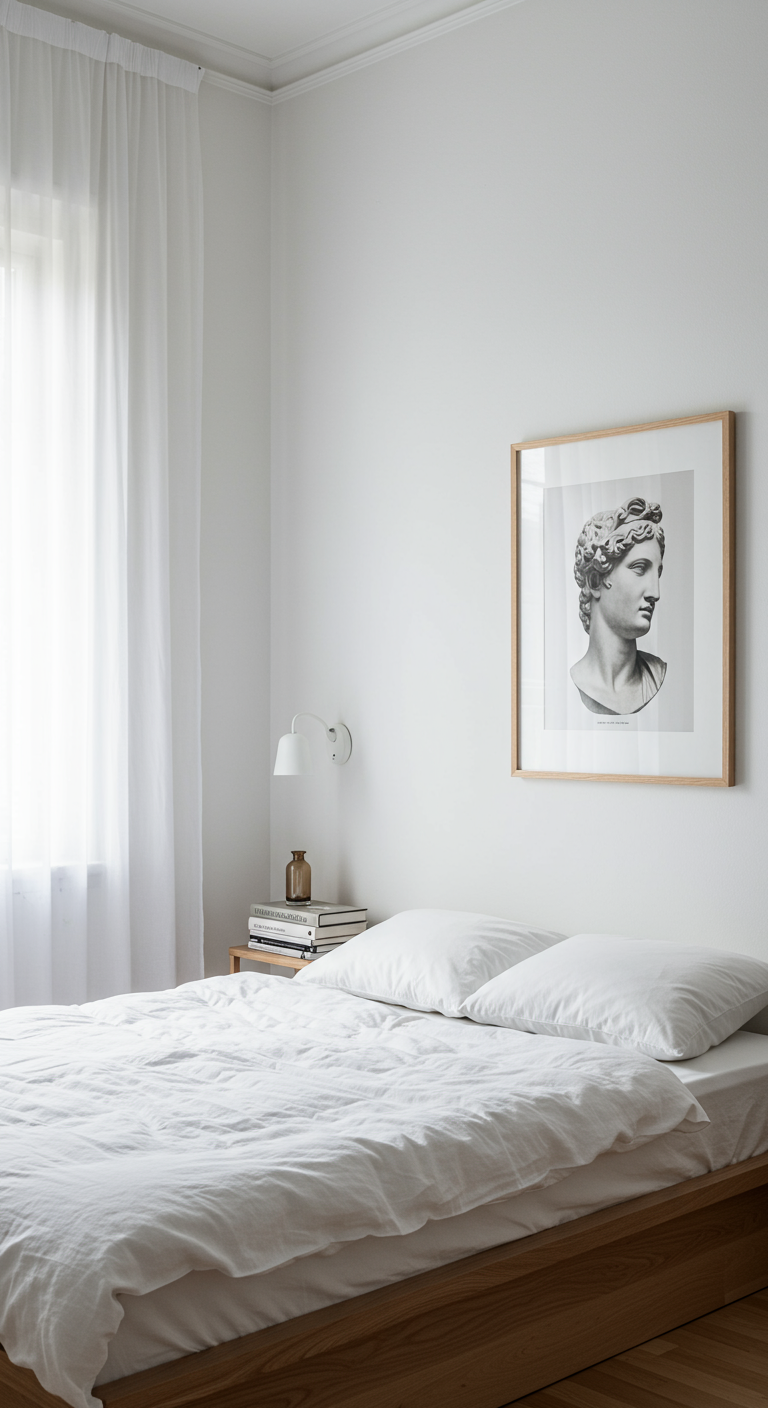 Sehr helles, weißes Schlafzimmer mit Holzbett und großem Porträt einer Statue.