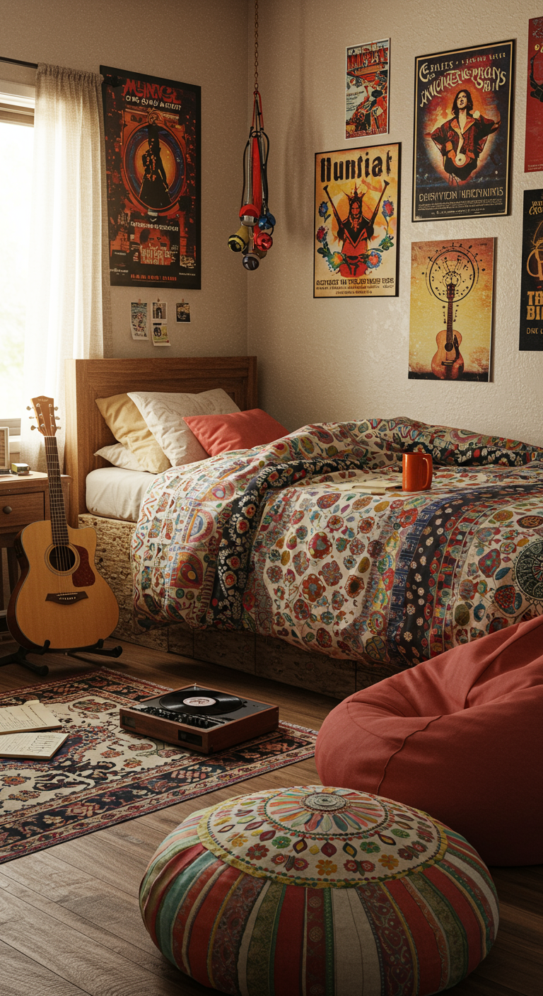 Boho-Schlafzimmer für Musikliebhaber mit Postern, Gitarre und Plattenspieler.