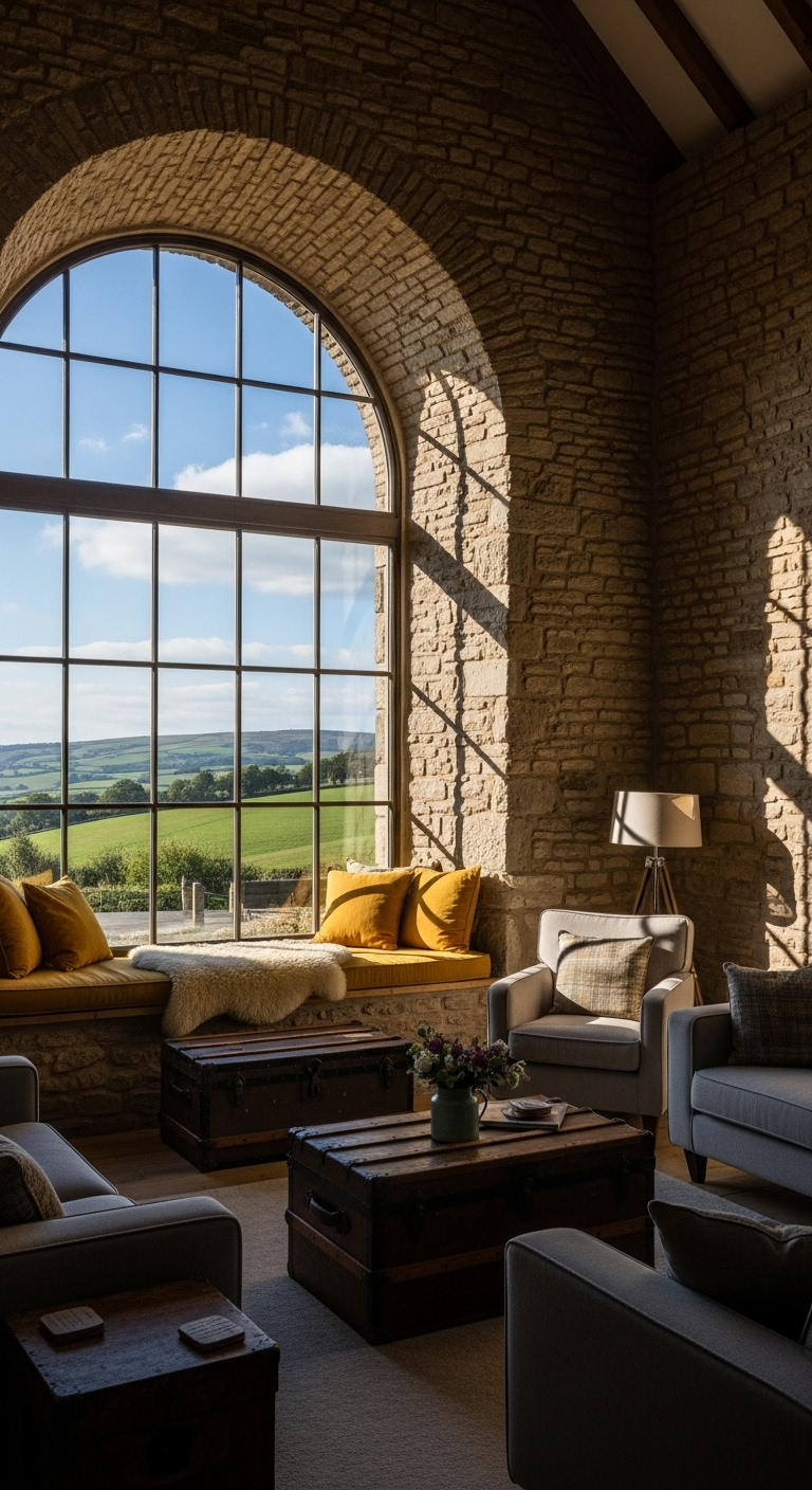 Großes Bogenfenster in Steinmauer mit senfgelben Polstern und Blick auf Hügel.
