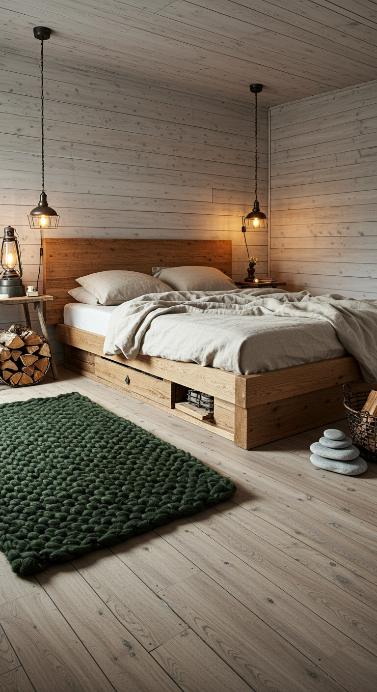 Rustikales skandinavisches Schlafzimmer mit Holzbett mit Schubladen und Holzwand.