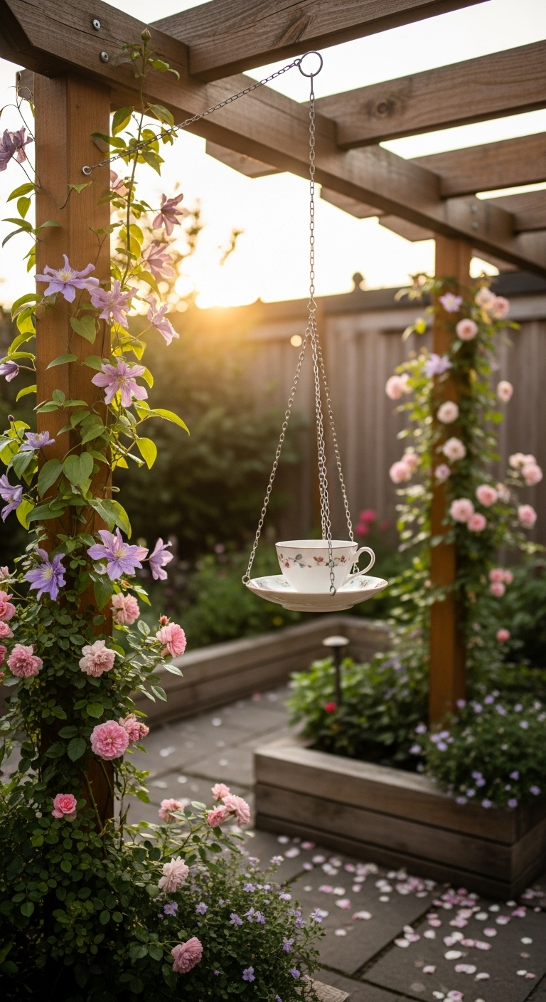 Hängende Teetasse mit Untertasse als Vogelbad unter einer blühenden Pergola.
