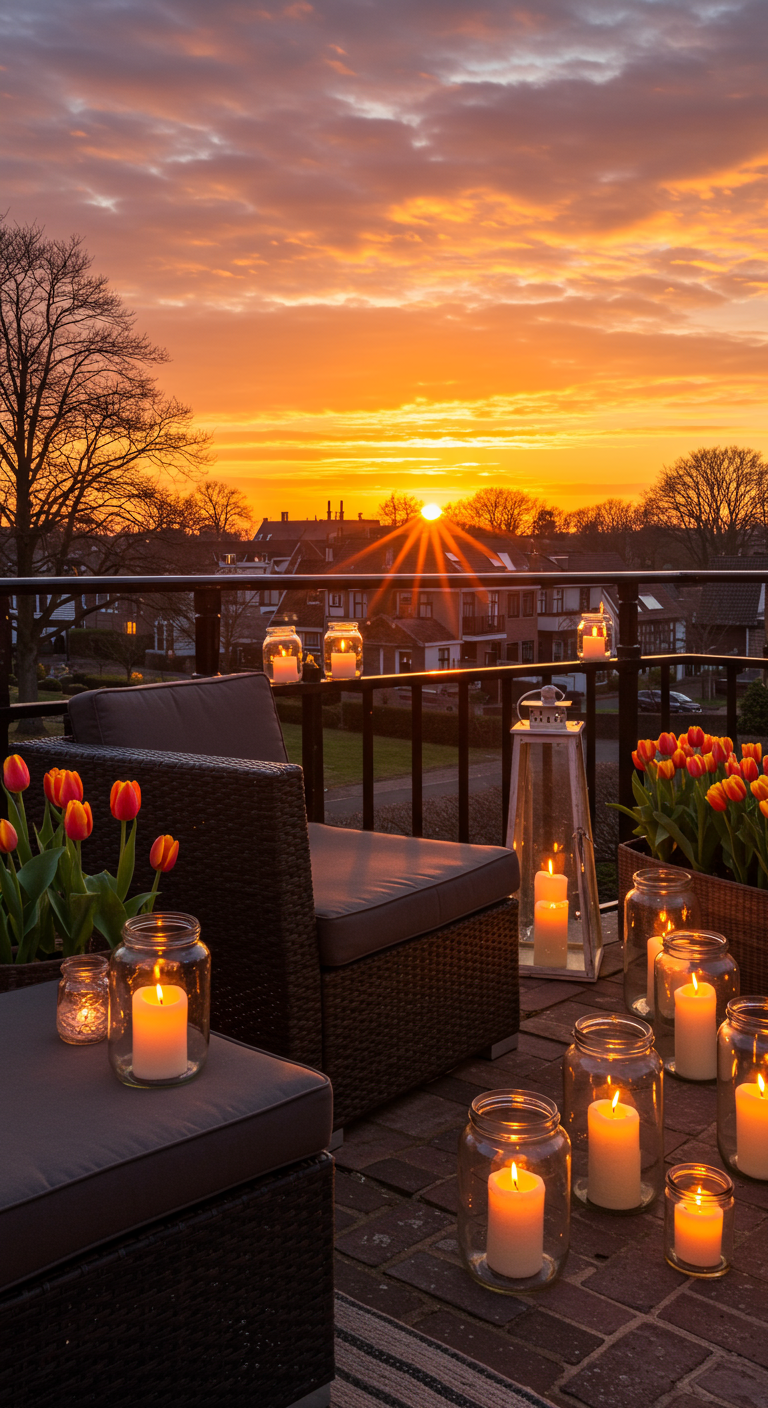Balkon mit Rattan-Lounge, vielen Kerzen und Tulpen bei Sonnenuntergang.