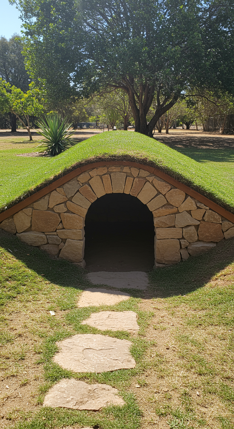 Gemauerter Steinbogen-Eingang zu einem Tunnel unter einem grasbewachsenen Hügel.