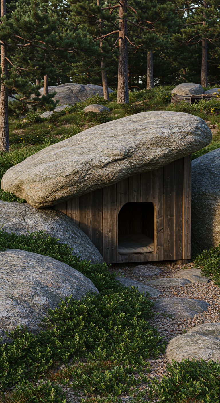 Hundehütte aus dunklem Holz, unter einem großen Felsen in naturbelassener Umgebung.