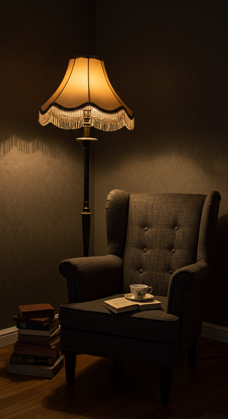 Dunkelgrauer Sessel in einer Ecke mit Stehlampe, Bücherstapel und Teetasse.
