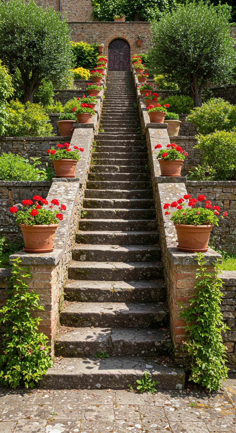 Breite Steintreppe im Garten, gesäumt von Terrakotta-Töpfen mit roten Geranien.