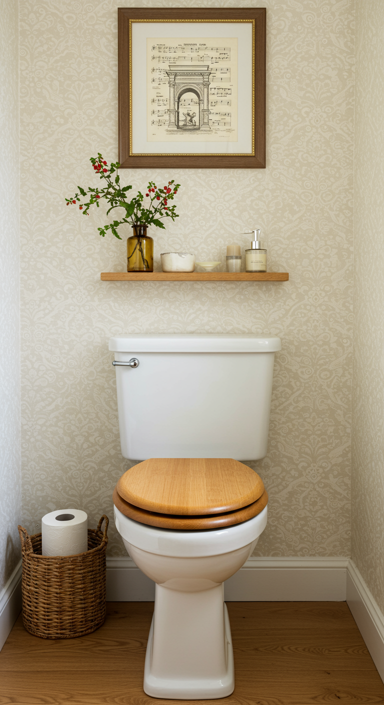 Toilettenbereich mit Mustertapete, Holz-Wandboard und Korb.