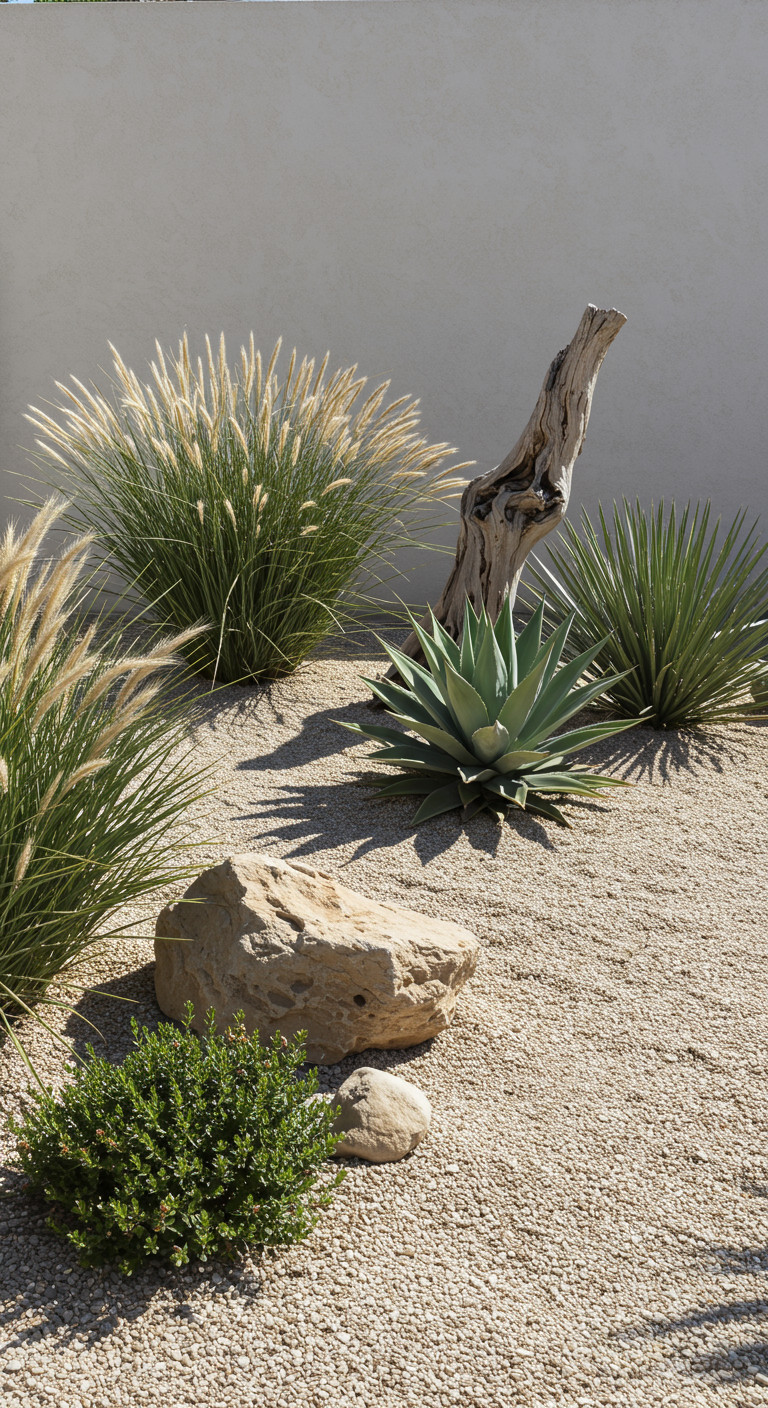 Kiesgarten mit Agave, Ziergräsern, kleinem Strauch, großem Stein und Treibholz-Skulptur.