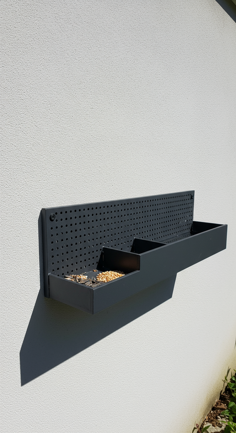 Moderne, dunkelgraue Vogelfutterstation zur Wandmontage mit mehreren Fächern.