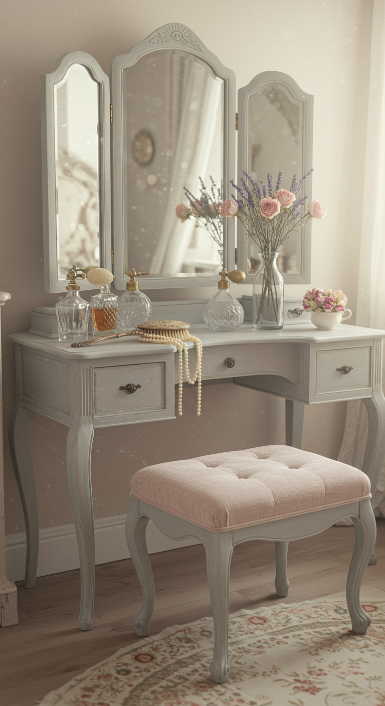 Vintage-Schminktisch in Hellgrau mit Spiegel, Parfumflakons und Blumen.