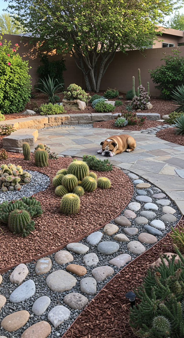 Bulldog Hund schläft auf Terrasse in Garten mit Kakteen, Sukkulenten und Kieswegen