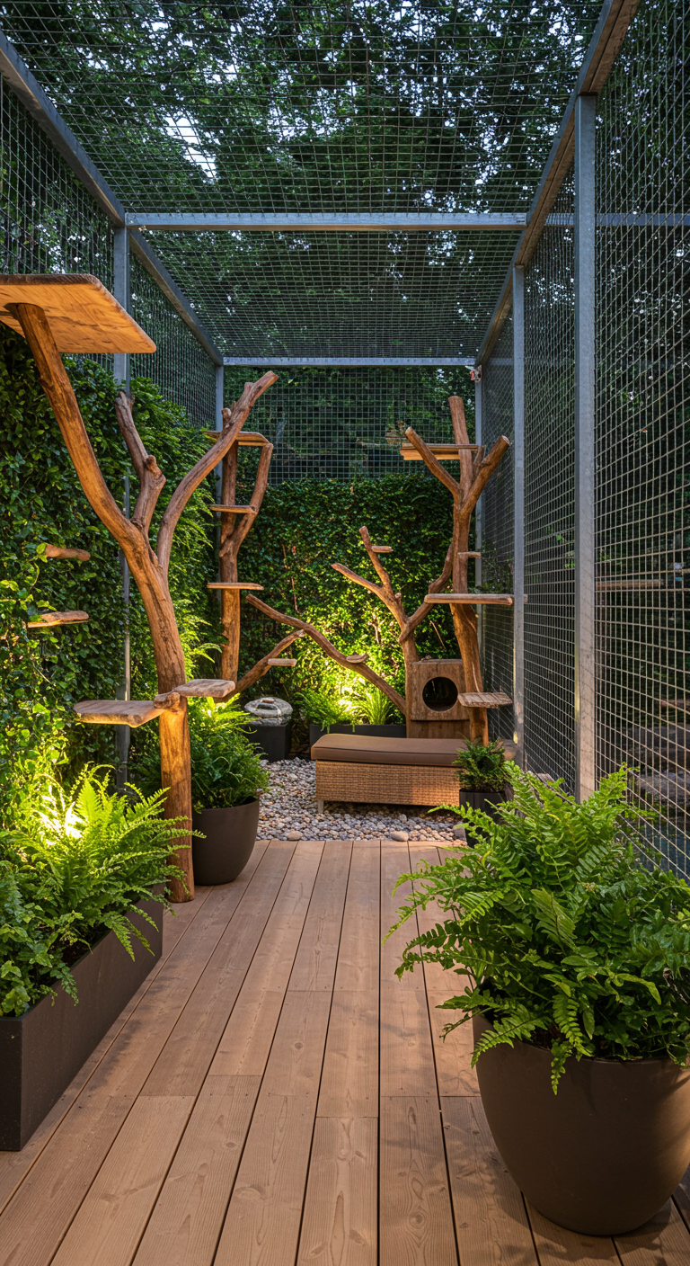 Natürliches Catio mit Baumstämmen als Kletterbäumen, Efeu und Bodenbeleuchtung