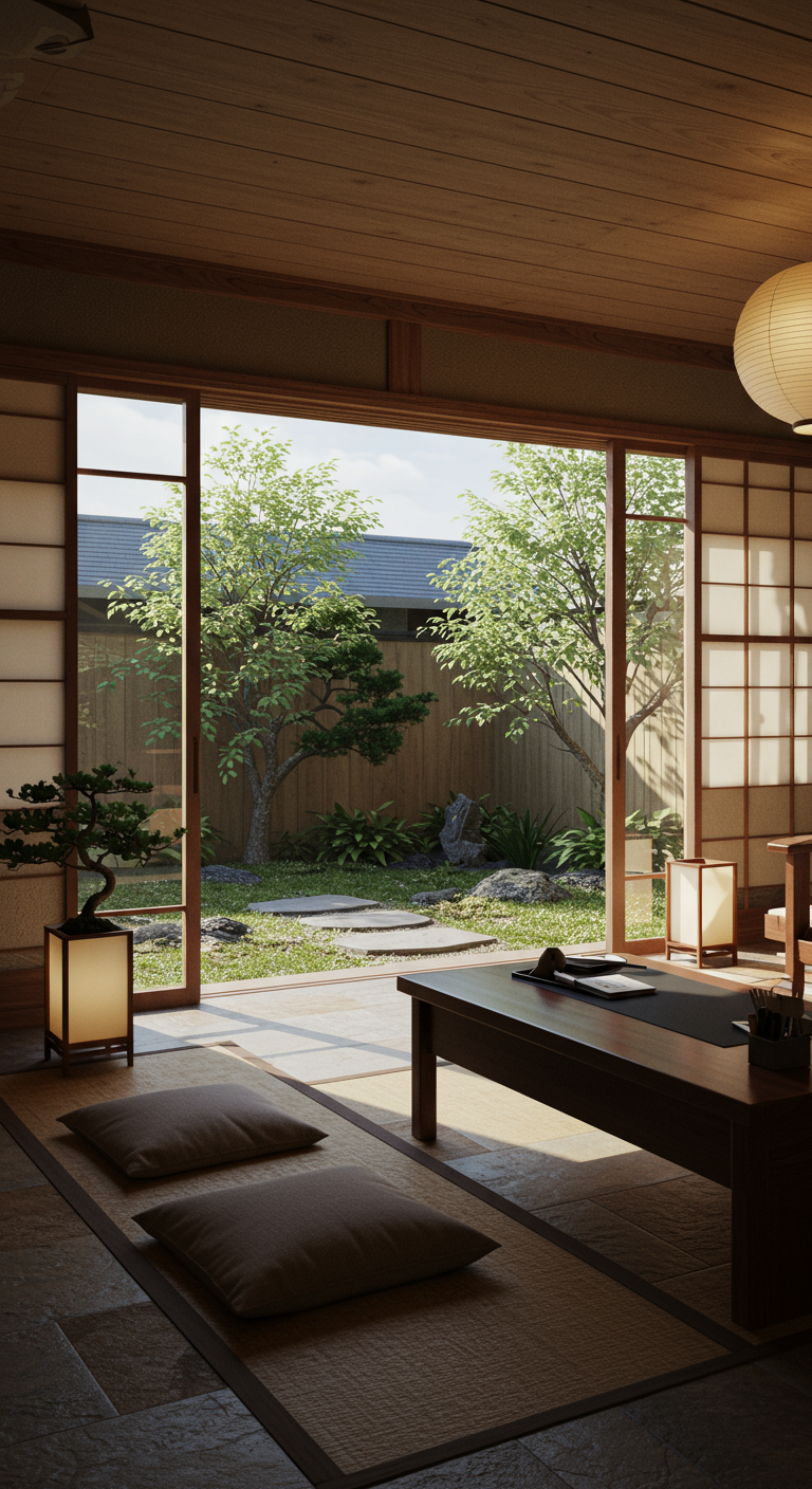 Japandi-Home-Office mit niedrigem Tisch, Sitzkissen und Blick in einen Zen-Garten.
