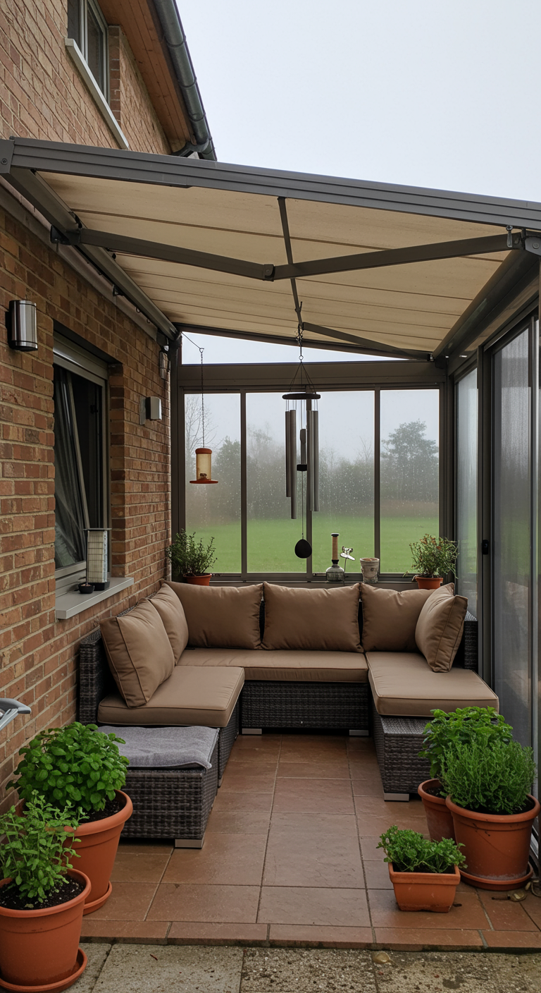 Überdachter Balkon mit Metall-Windspiel, Lounge-Sofa und Kräutertöpfen.