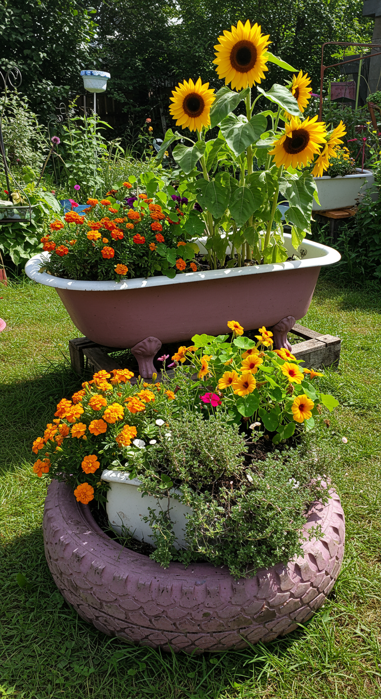Alte Badewanne und bemalter Reifen, bepflanzt mit Sonnenblumen und Tagetes
