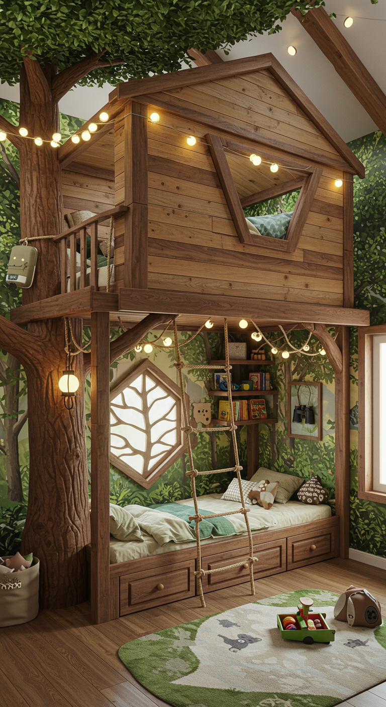 Kinderzimmer mit Baumhaus-Etagenbett, Waldtapete und Strickleiter.