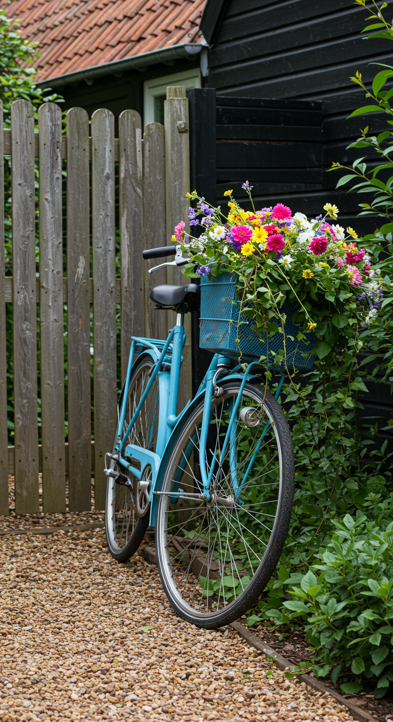 Blaues Fahrrad mit einem Korb voller bunter Blumen lehnt an einem Holzzaun.