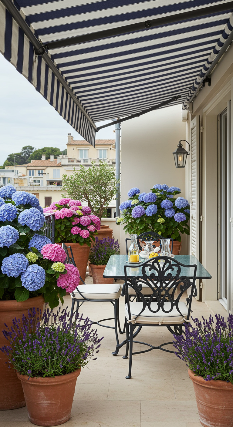 Terrasse mit blühenden Hortensien, Lavendel, Bistro-Set und gestreifter Markise.