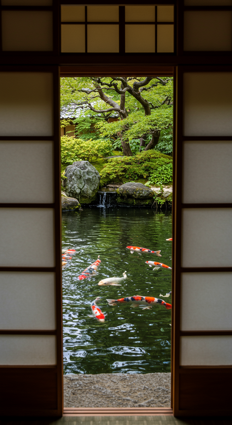 Blick durch eine geöffnete japanische Schiebetür auf einen Koiteich.