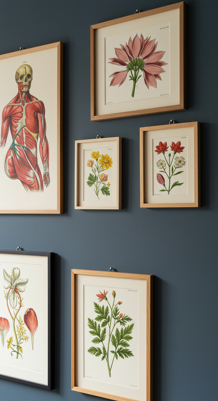Dunkelblaue Wand mit gerahmten anatomischen und botanischen Drucken.