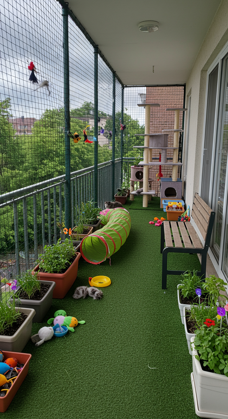 Catio mit Kunstrasen, Katzentunnel, Kratzbaum und bunten Spielsachen