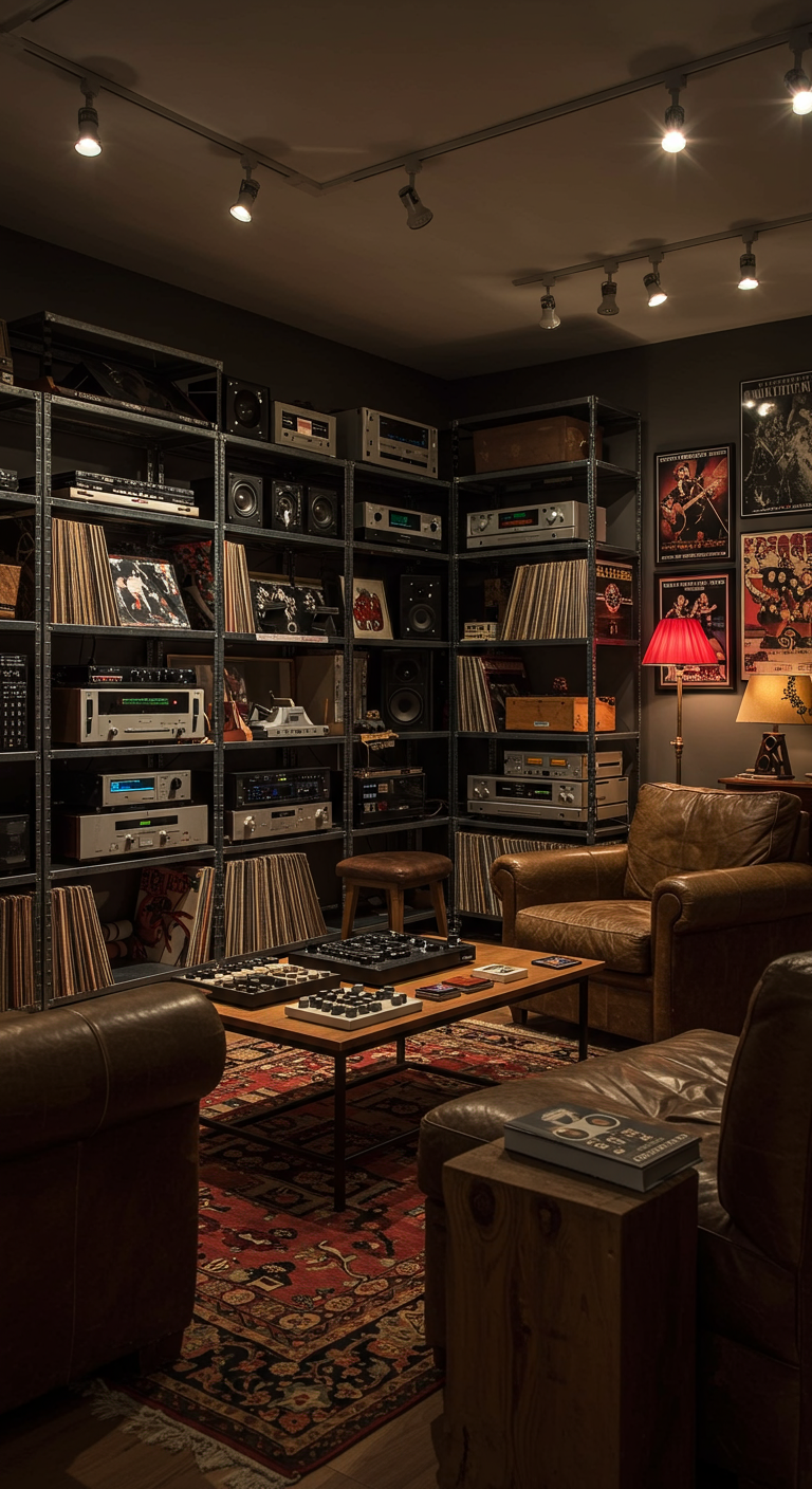 Dunkler Raum mit Metallregalen voller Schallplatten und Hi-Fi-Anlagen.