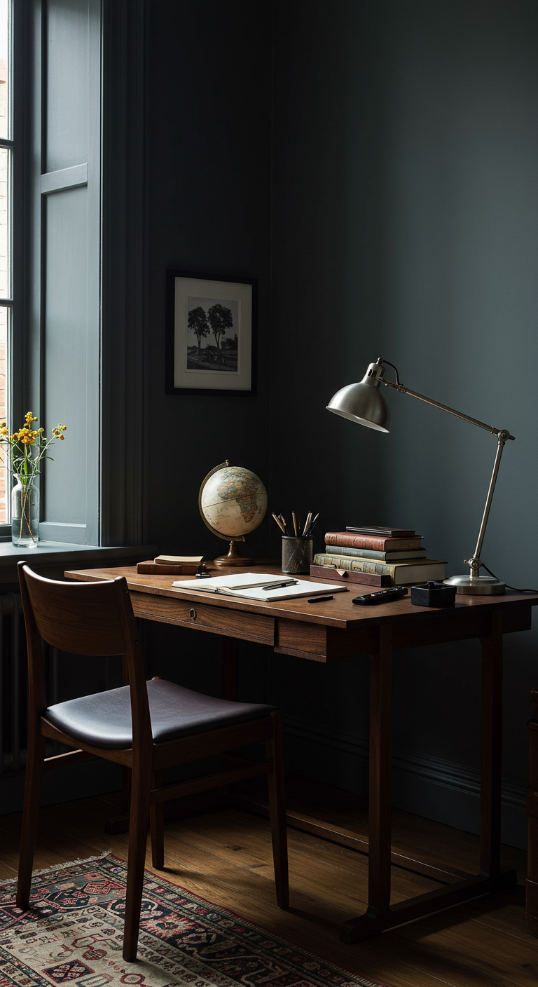 Schreibtisch aus dunklem Holz mit Globus, Büchern und Schreibtischlampe vor dunkler Wand.