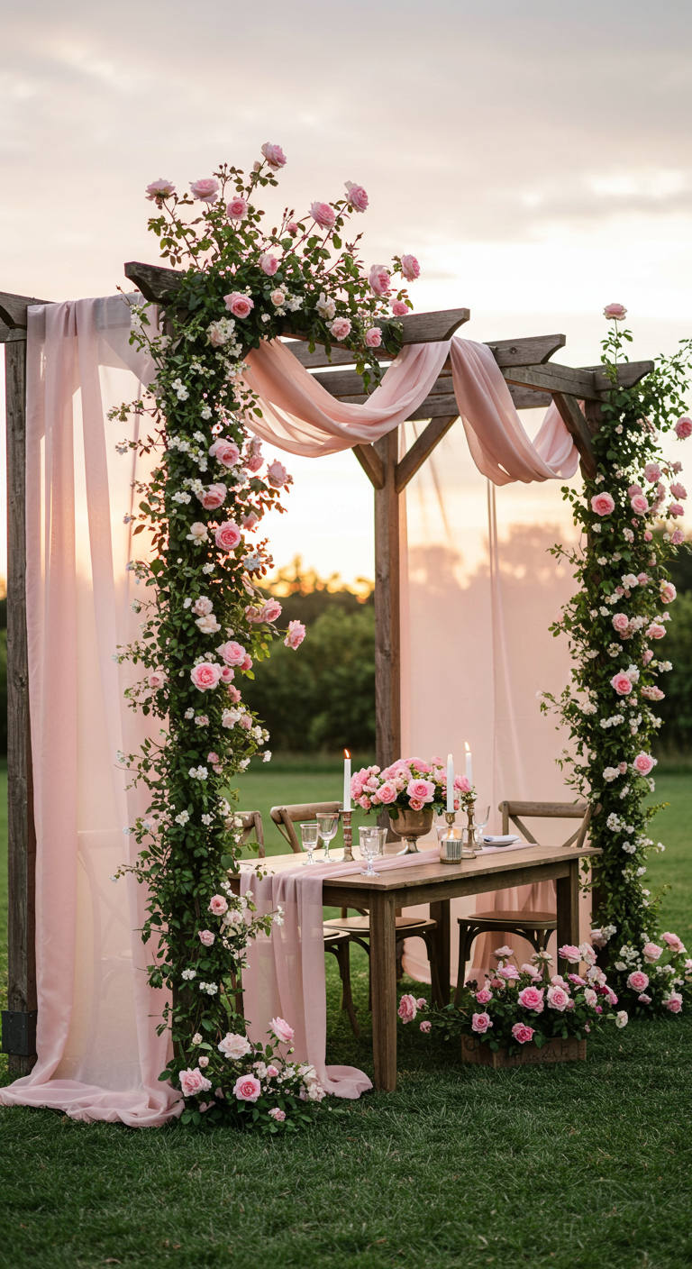 Romantisch gedeckter Tisch unter einer mit Rosen und rosa Stoff dekorierten Holzpergola.