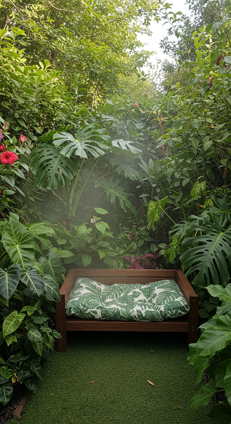 Rustikales Holzliegebett mit tropisch gemustertem Kissen in einem dichten Dschungelgarten.