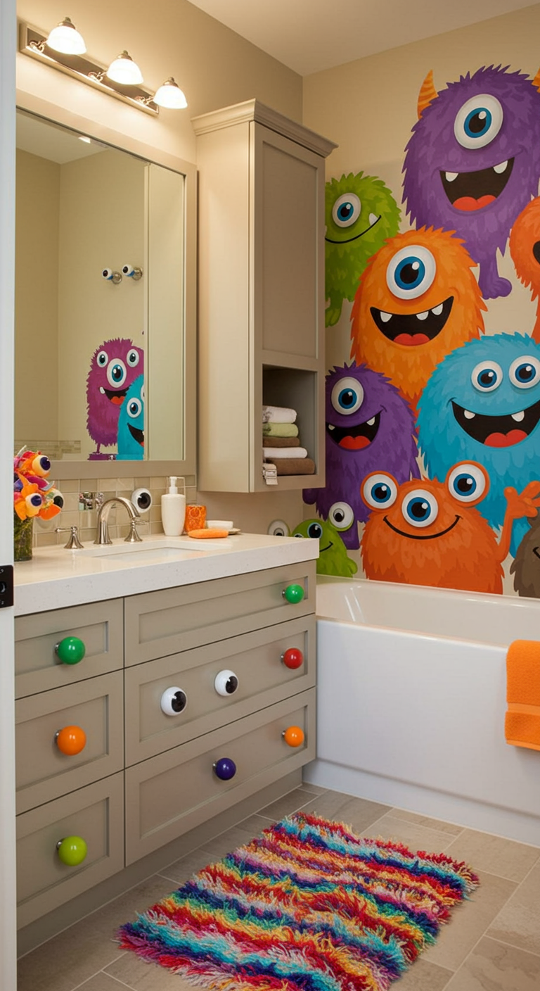 Kinderbad mit bunten, freundlichen Monster-Wandstickern und lustigen Knäufen.
