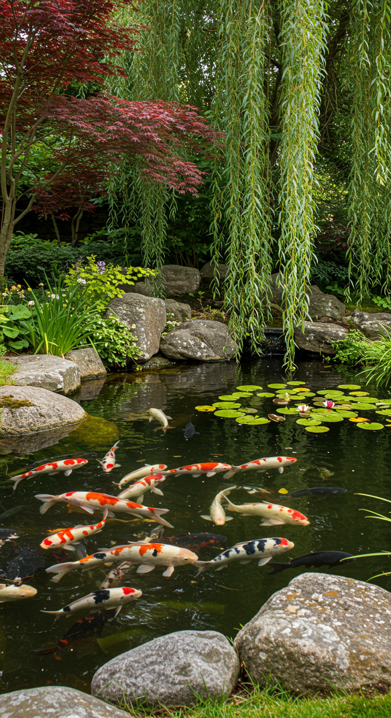 Teich mit bunten Koi-Karpfen, Seerosen, Felsen und üppiger Bepflanzung.