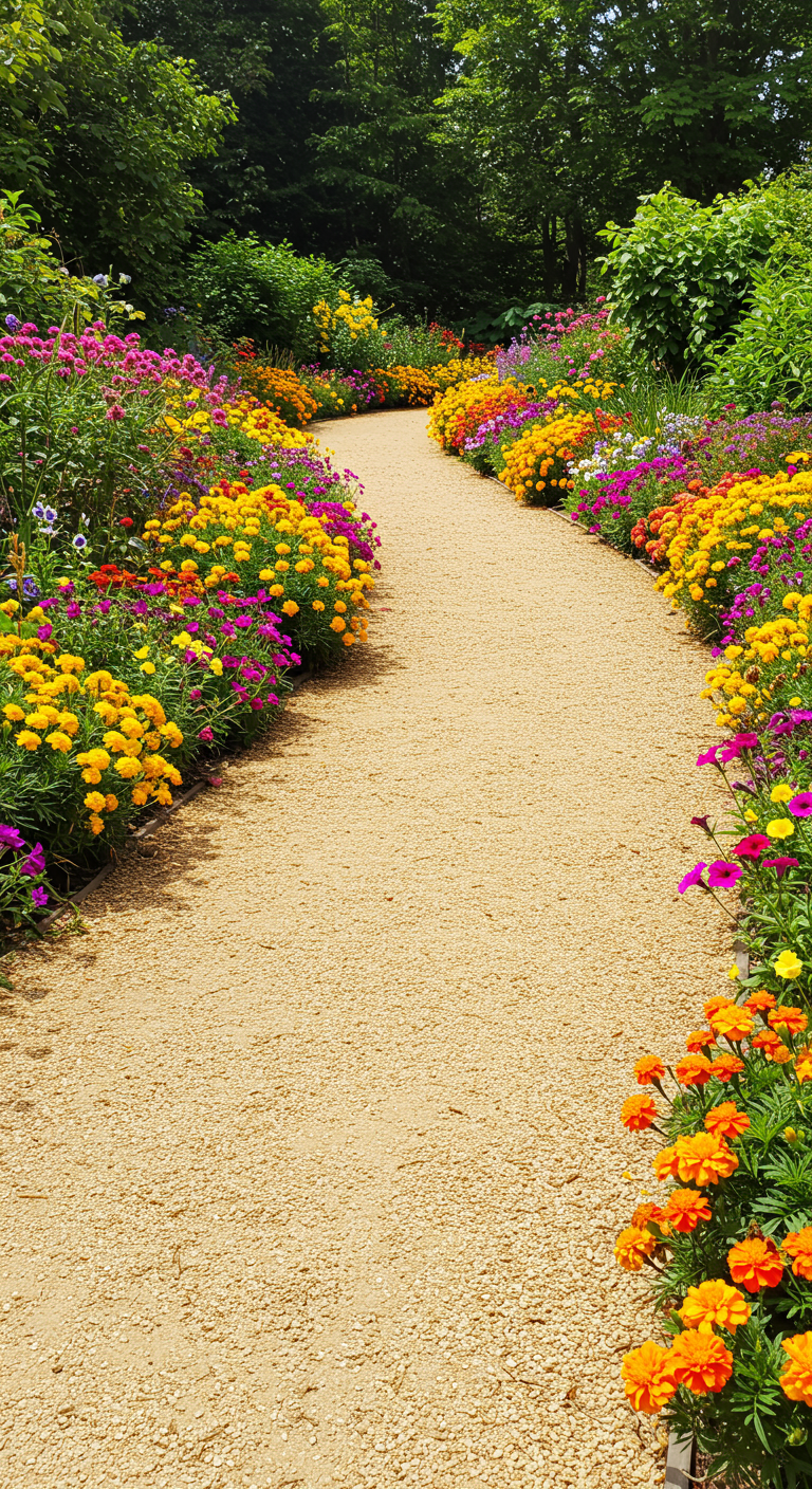 Breiter Kiesweg umgeben von bunten Blumenbeeten.
