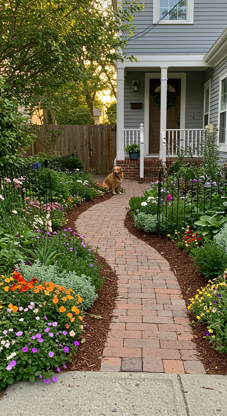 Hund sitzt auf Backsteinweg, der zu einem Haus führt, umgeben von bunten Blumenbeeten