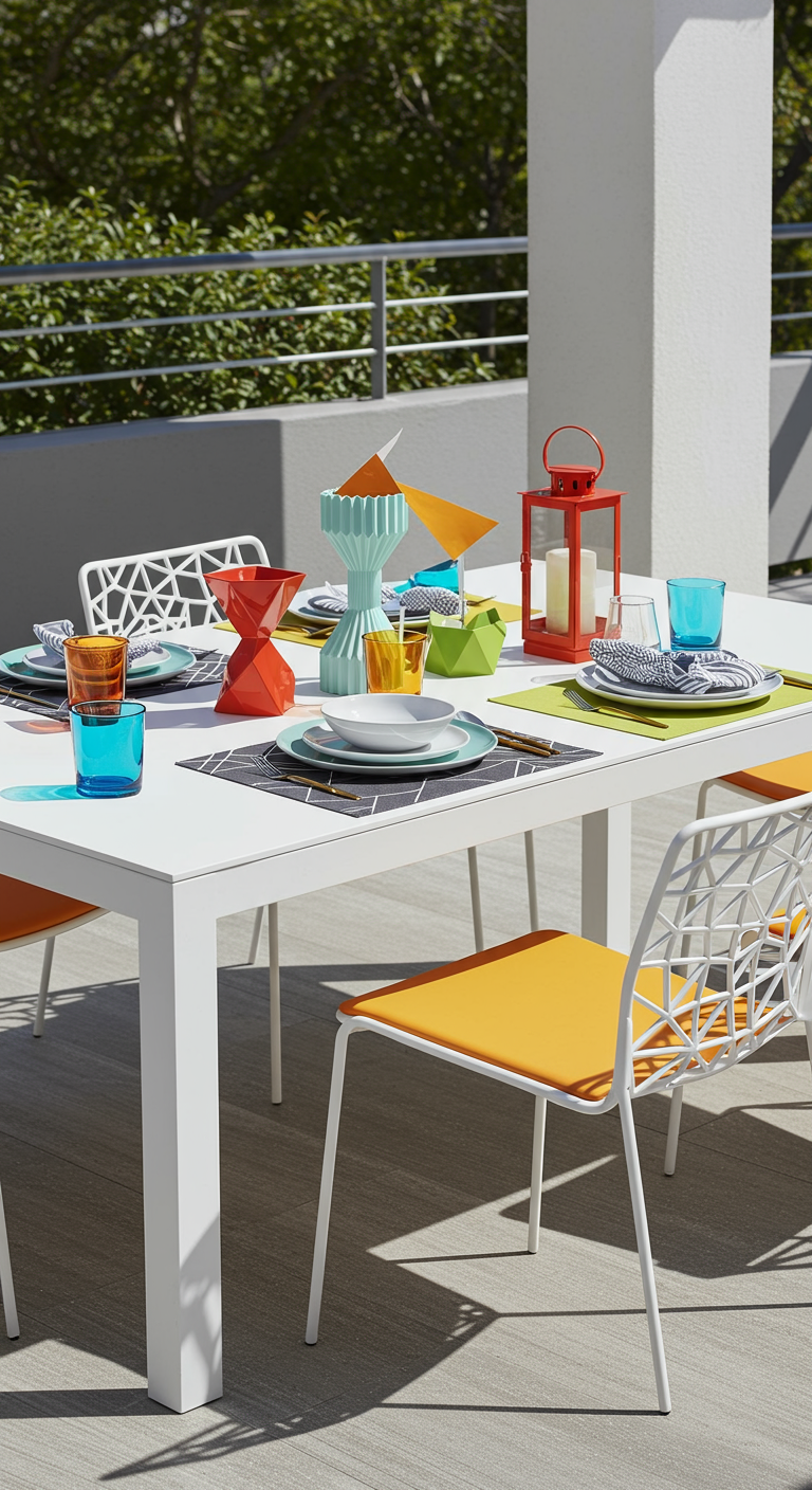 Modern gedeckter weißer Tisch mit bunten geometrischen Deko-Elementen und farbigen Gläsern.