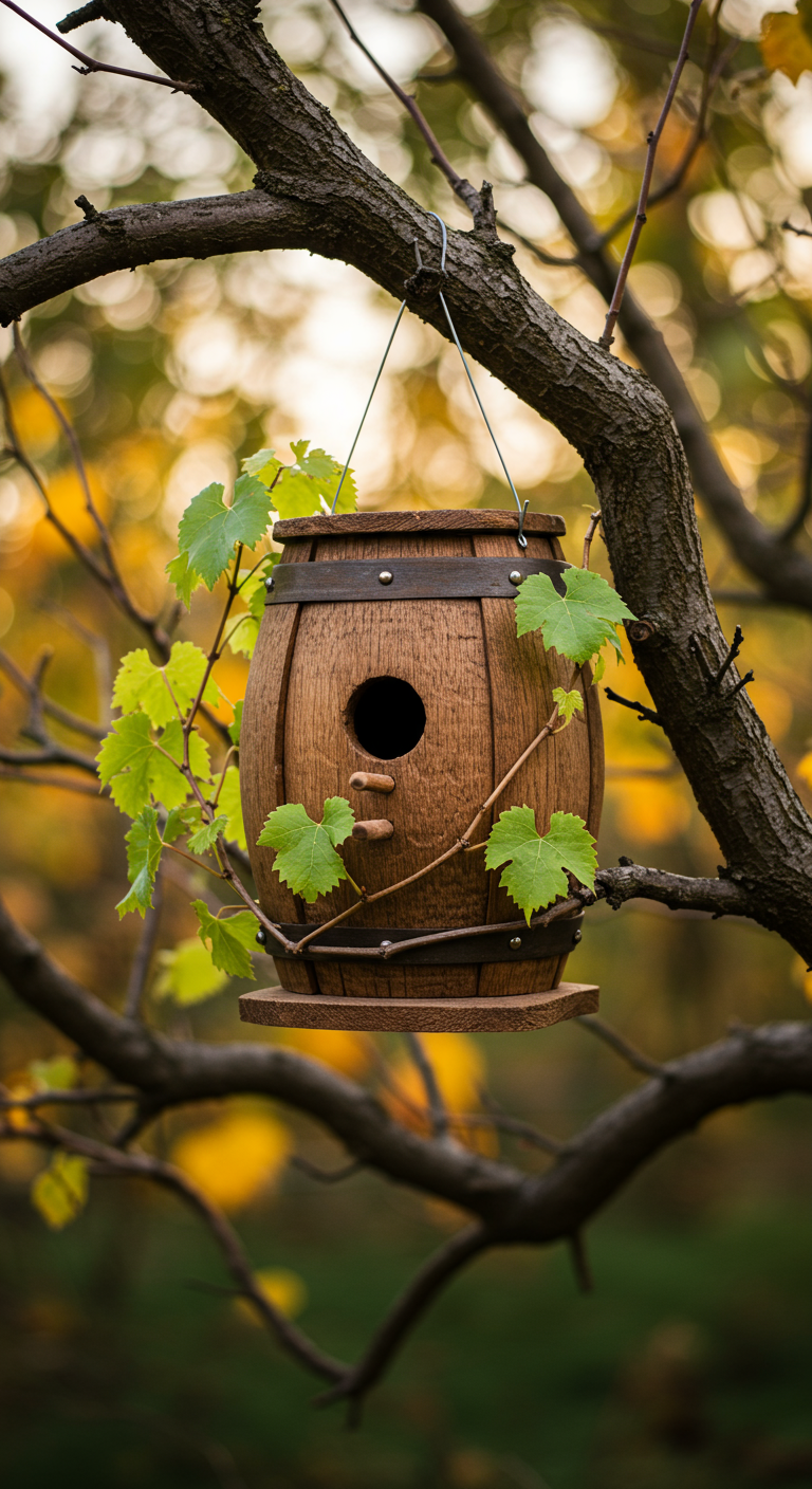 Vogelhaus aus einem Holzfass mit Weinblättern, hängt an einem Ast.