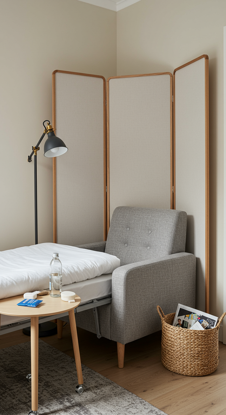 Grauer Schlafsessel, teilweise als Bett ausgezogen, mit einem Paravent im Hintergrund.
