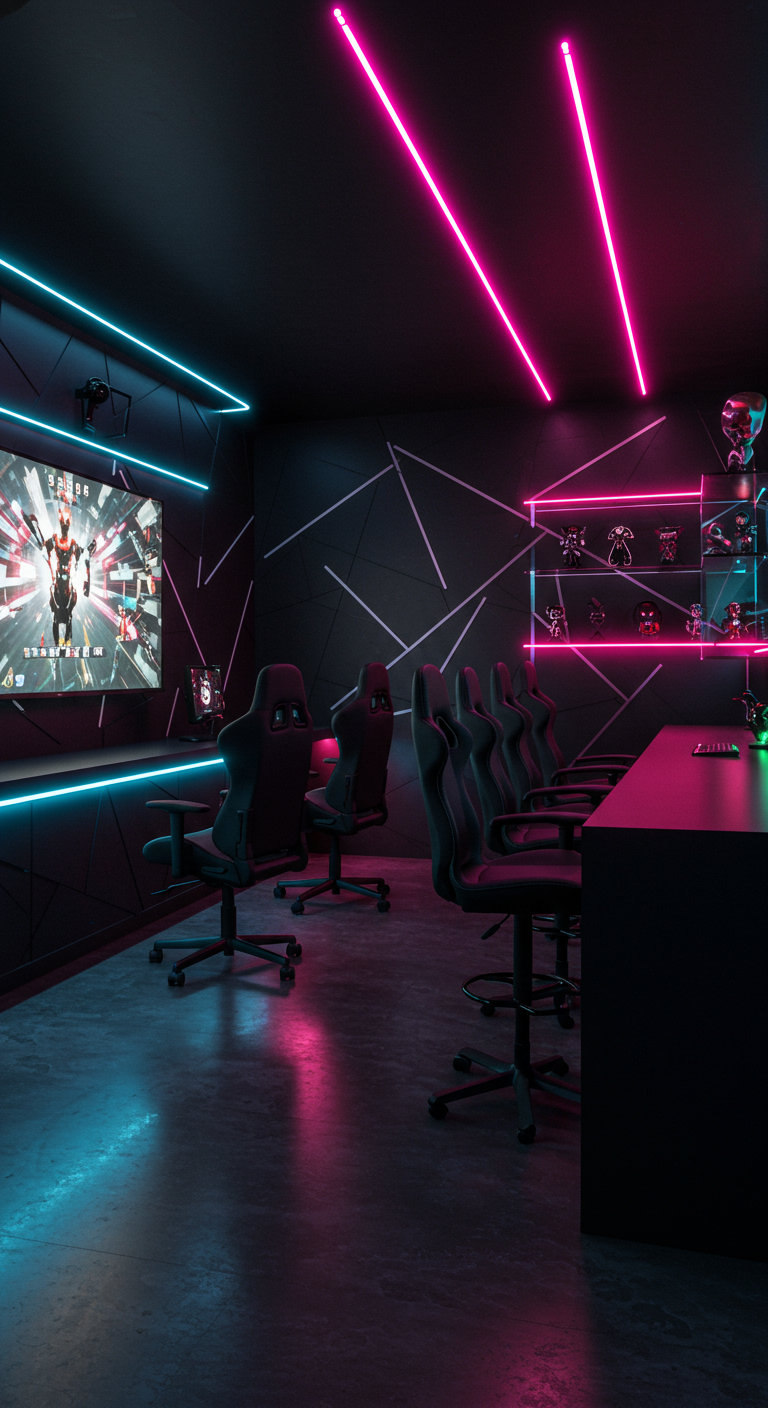Dunkler Gaming-Raum mit pinken und blauen Neonlichtern und mehreren Gaming-Stühlen.