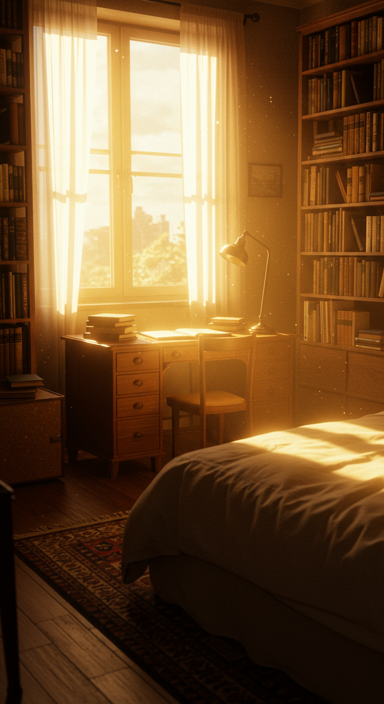 Schreibtisch am Fenster im Schlafzimmer, umgeben von Bücherregalen im goldenen Abendlicht.