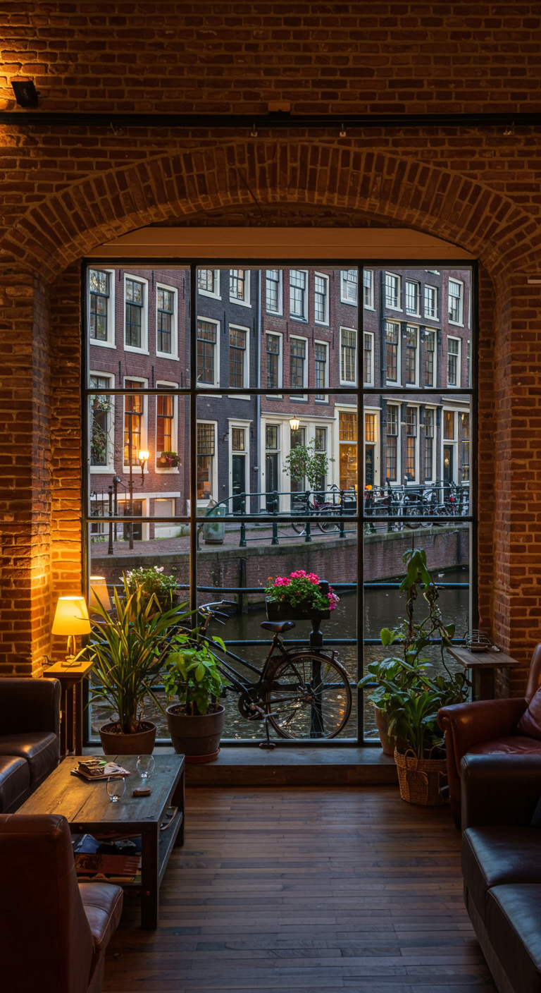 Wohnzimmer mit großem Bogenfenster, Backsteinwand und Blick auf eine Gracht bei Nacht.