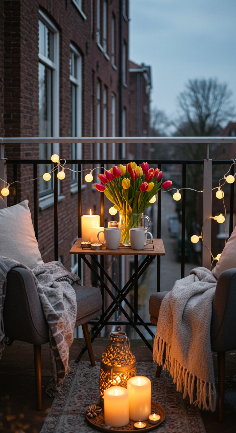 Stadtbalkon mit Bistro-Set, Tulpen, Kerzen und Lichterkette bei Dämmerung.