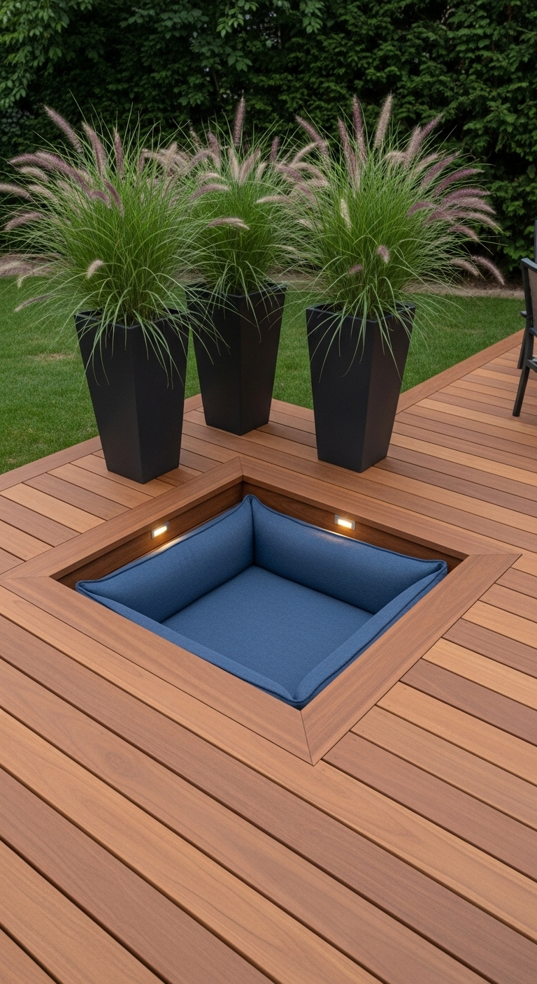 In Holzterrasse eingelassenes Hundebett mit blauem Kissen und kleinen Lichtern, Gräser in Kübeln.