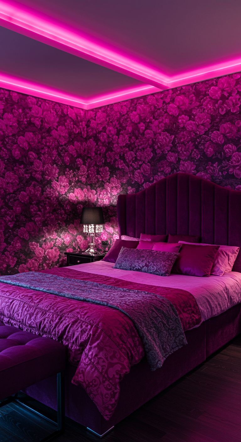 Schlafzimmer mit intensiver Fuchsia-Blumentapete und pinker LED-Beleuchtung.