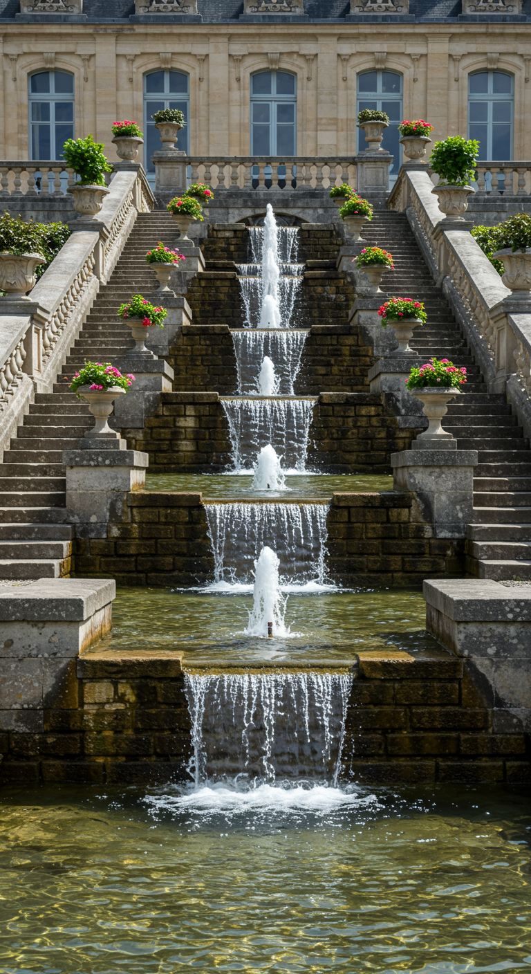 Große Wassertreppe mit mehreren Kaskaden, flankiert von Steintreppen mit Blumenkübeln.