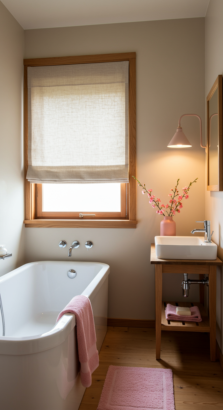 Kleines Badezimmer mit Holzwaschtisch, rosa Vase und rosa Wandleuchte.