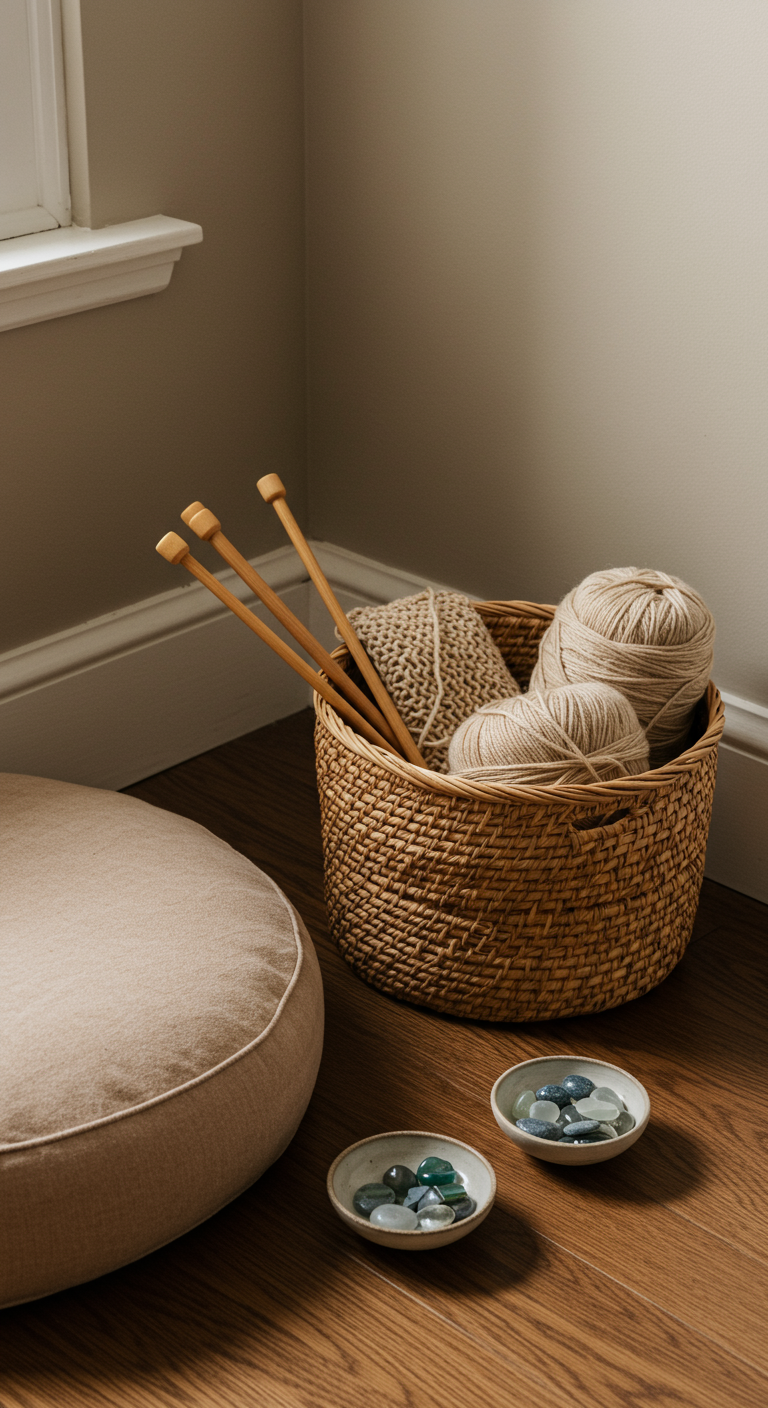 Rattankorb gefüllt mit Wollknäueln und Stricknadeln neben einem Bodenkissen.