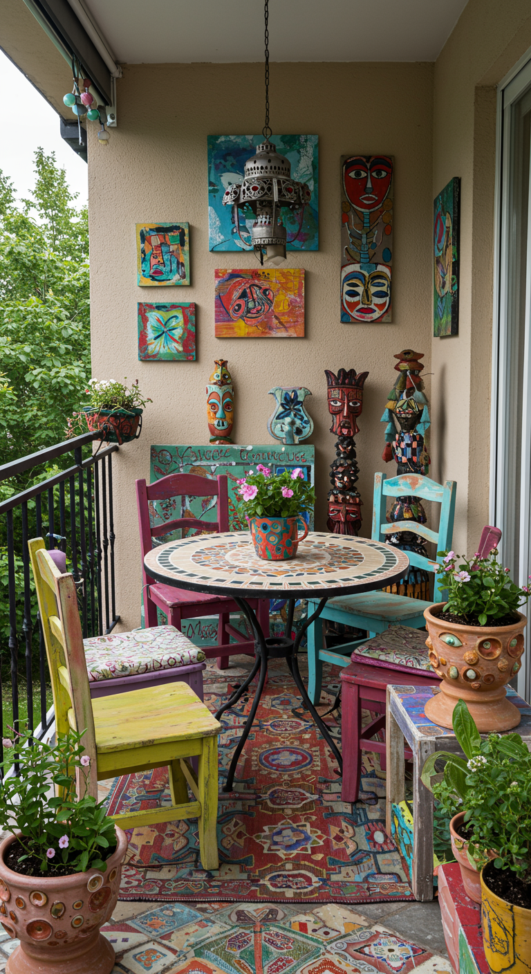 Ekletischer Balkon mit bunten Stühlen, Mosaiktisch, Kunst an der Wand und gemustertem Teppich.