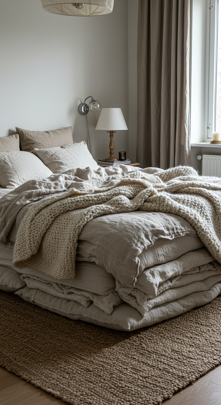 Skandinavisches Schlafzimmer mit vielen Leinenkissen und -decken in Naturtönen.