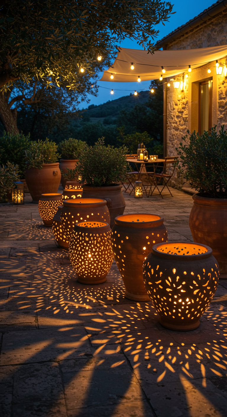 Abendliche Terrasse mit großen Terrakotta-Töpfen mit Löchern, die als Laternen dienen.