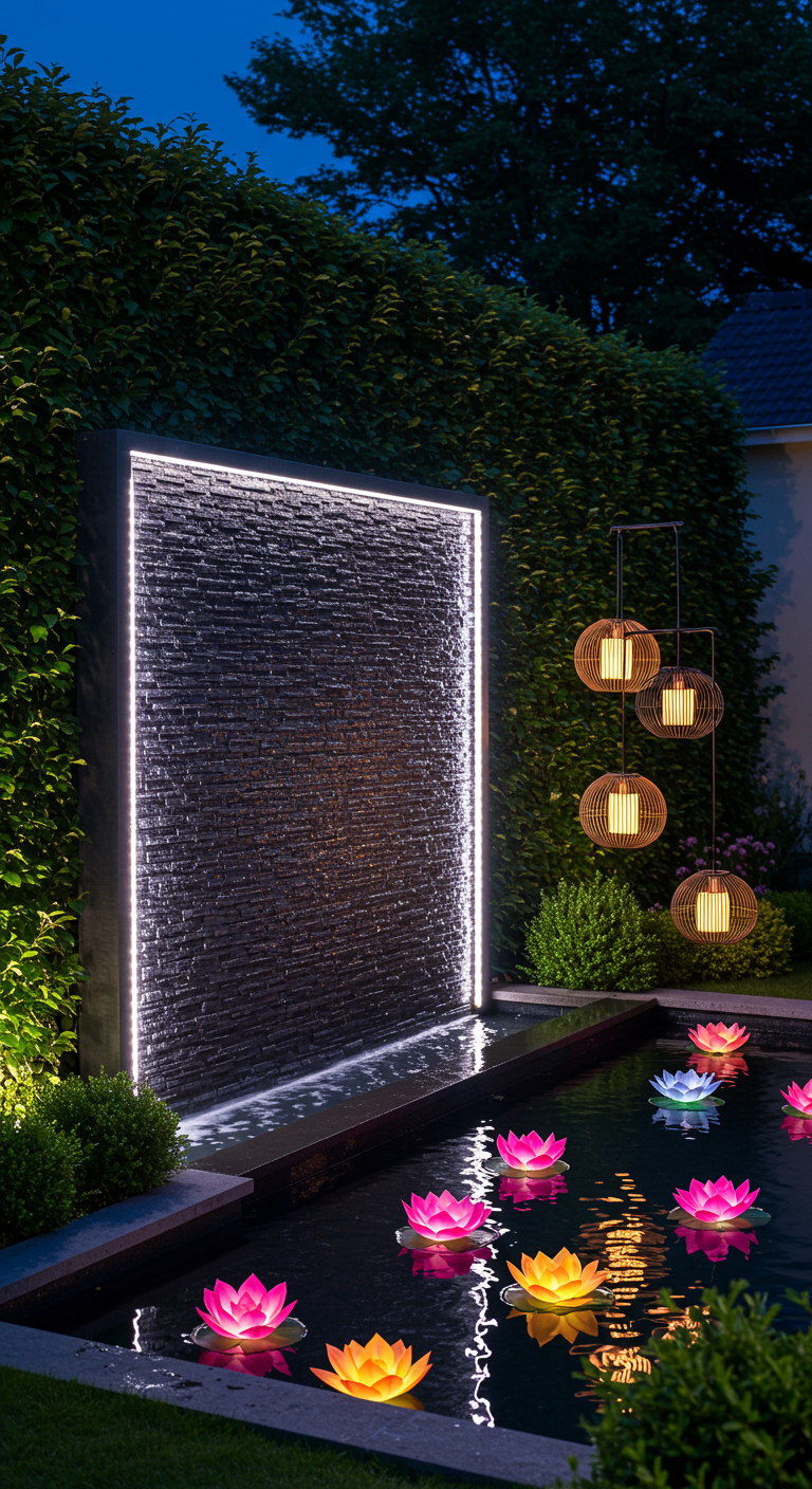 Modernes Wasserspiel mit beleuchteter Steinwand, Rattan-Laternen und bunten Lotuslichtern im Becken.